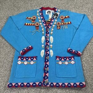 Storybook Knits Sweater Indian Maiden Southwestern Aztec Hand Sewn Cardigan Sz S